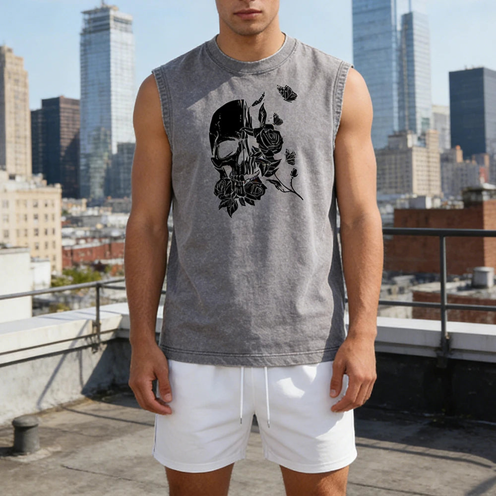 Summer Men's Casual Outfit Black Vintage Washed Tank Top & Quick Dry Double-Layer Beach Shorts Set Skull & Roses Graphic Print