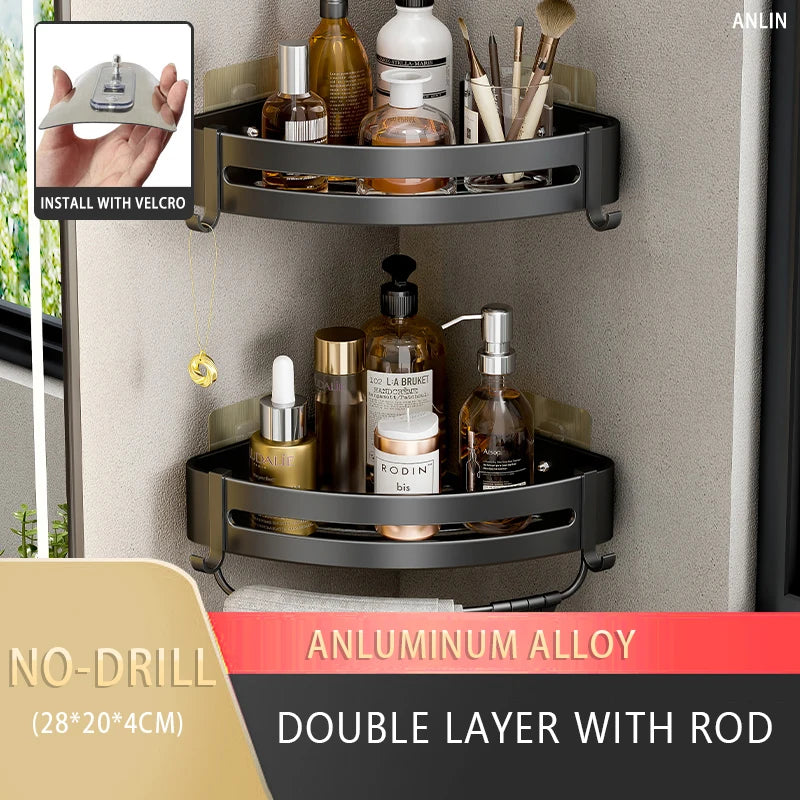 Rust-free Bathroom Corner Shelf Rack – Wall Mounted Non-Drill Shower Storage Organizer