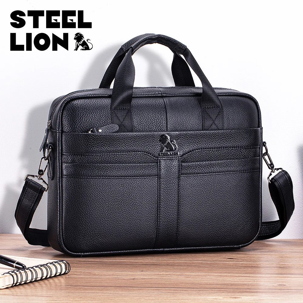 STEEL LION leather men's briefcase, large capacity business office bag, cowhide computer bag, can be carried by hand or shoulder