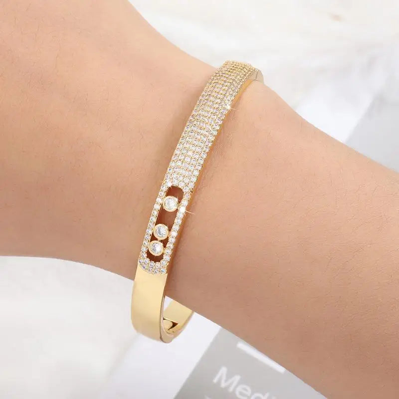 Gold Color Stainless Steel Wide Bangle Double Row Crystal Zircon Bracelet For Women High Quality Fashion Jewelry Gift