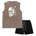 Summer Men's Casual Outfit Black Vintage Washed Tank Top & Quick Dry Double-Layer Beach Shorts Set Skull & Roses Graphic Print
