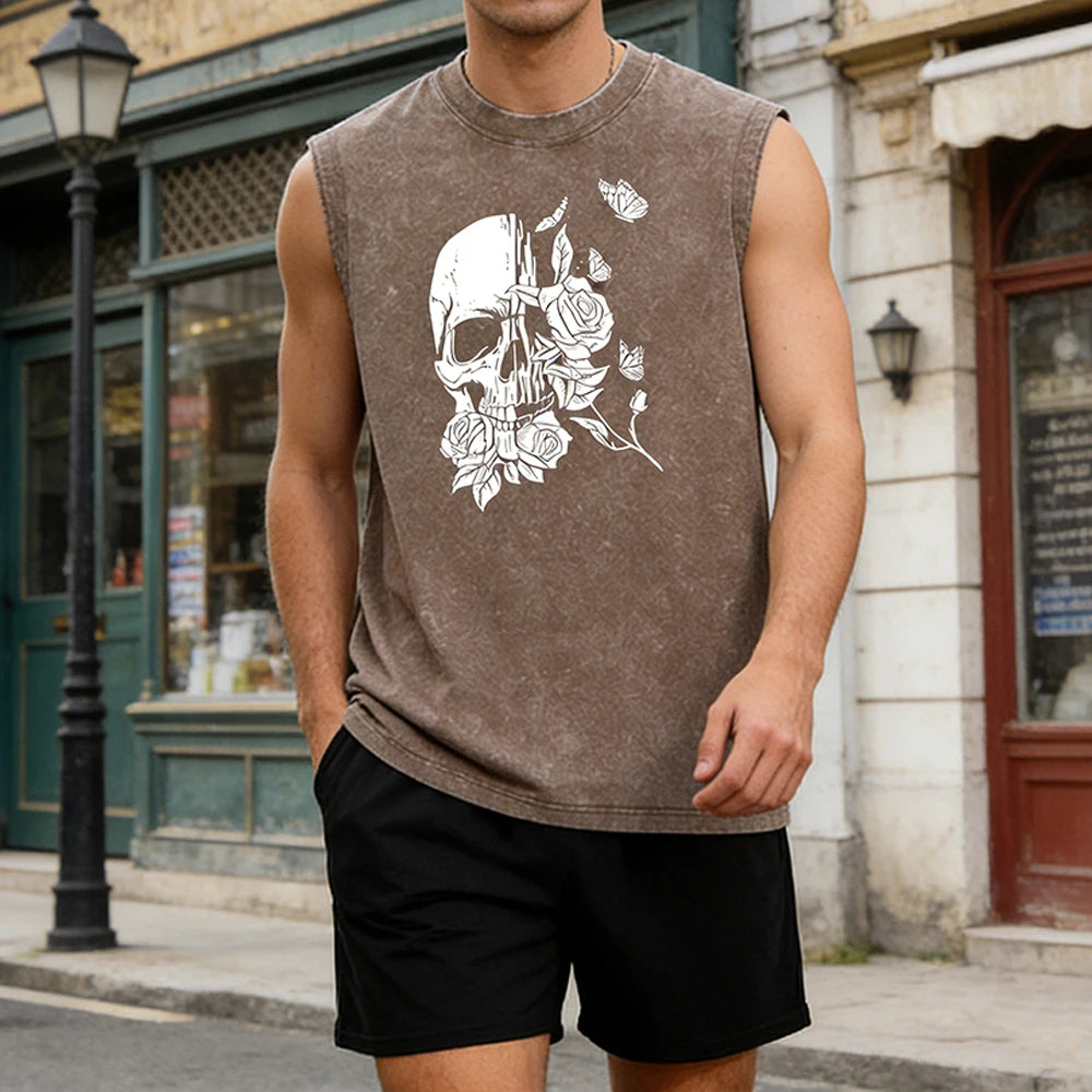 Summer Men's Casual Outfit Black Vintage Washed Tank Top & Quick Dry Double-Layer Beach Shorts Set Skull & Roses Graphic Print