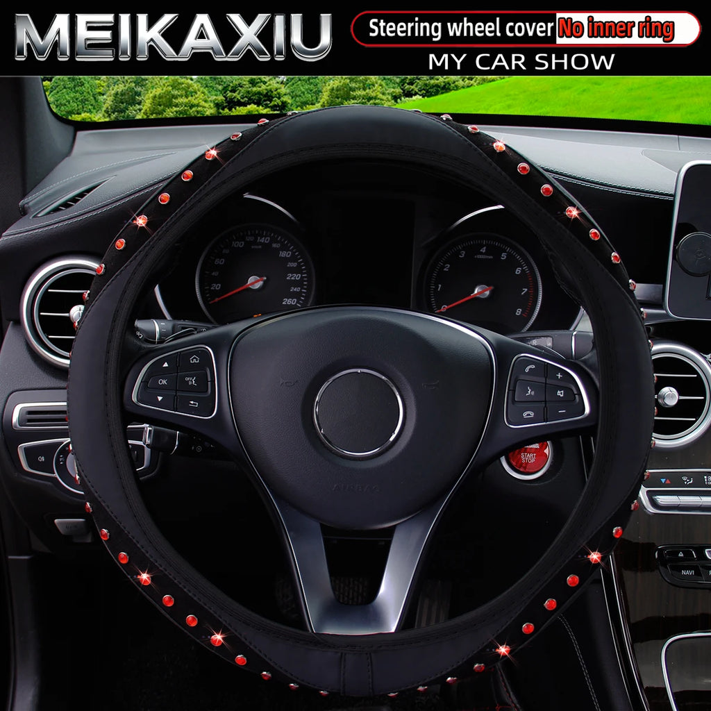 Blingbling New PU Leather Steering Wheel Cover for Women with Artificial Gemstones Car Decorative Item Rimless