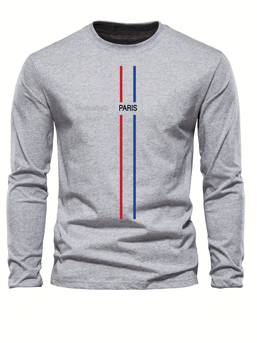 100% pure cotton men's long sleeved round neck loose casual Paris pattern printed spring and autumn versatile T-shirt top