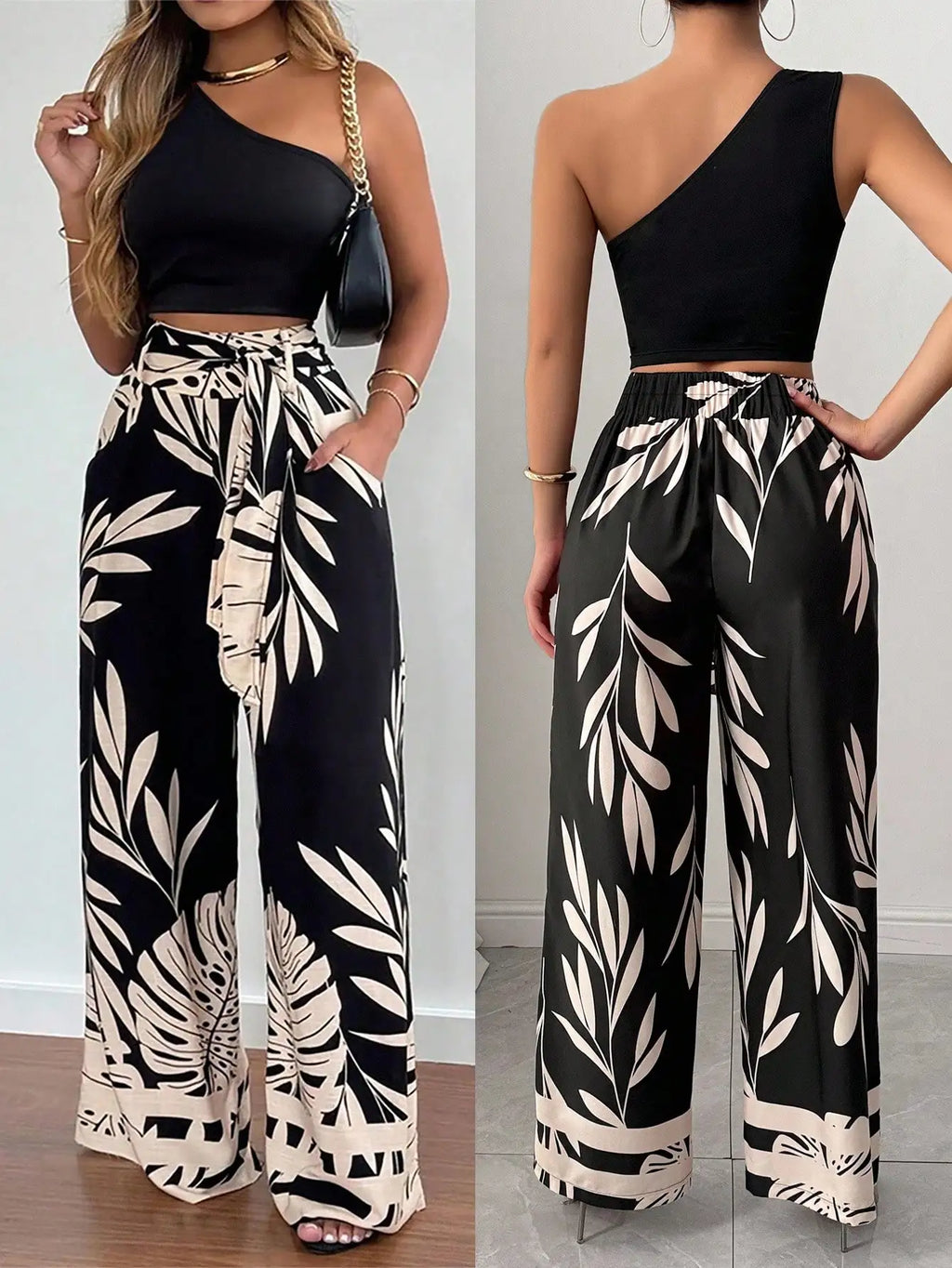 One Shoulder Crop Top & Wide Leg Pants Set