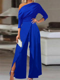 2025 Spring Jumpsuits for Women Plain Elegant Office Lady Loose Ruched One Shoulder Split Hem Wide Leg Jumpsuit