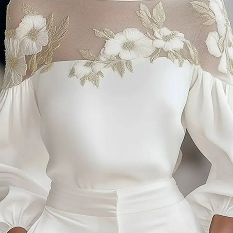 Spring Sexy Crew Neck Woman Blouse Elegant Floral Print Splicing Mesh Hollow Top Pullover Fall Long Sleeve Shirt Female Clothing