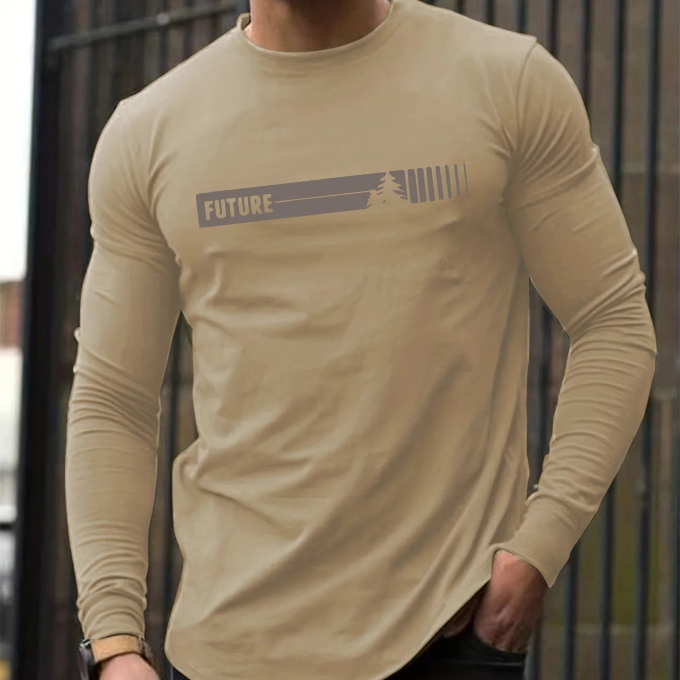 100% pure cotton men's long sleeved round neck loose future letter pattern printed spring and autumn versatile T-shirt top