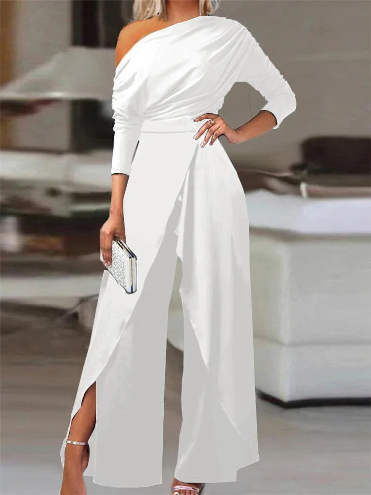 2025 Spring Jumpsuits for Women Plain Elegant Office Lady Loose Ruched One Shoulder Split Hem Wide Leg Jumpsuit