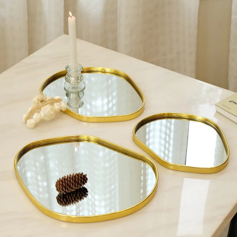 Nordic Light Luxury Metallic Glass Mirror Tray Jewelry And Cosmetics Storage Tray Living Room Precious Accessories Tray