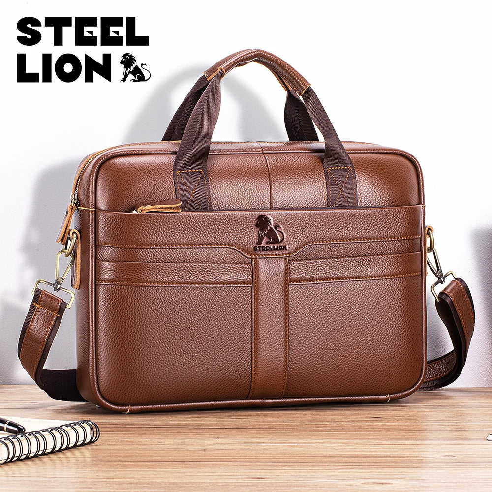 STEEL LION leather men's briefcase, large capacity business office bag, cowhide computer bag, can be carried by hand or shoulder