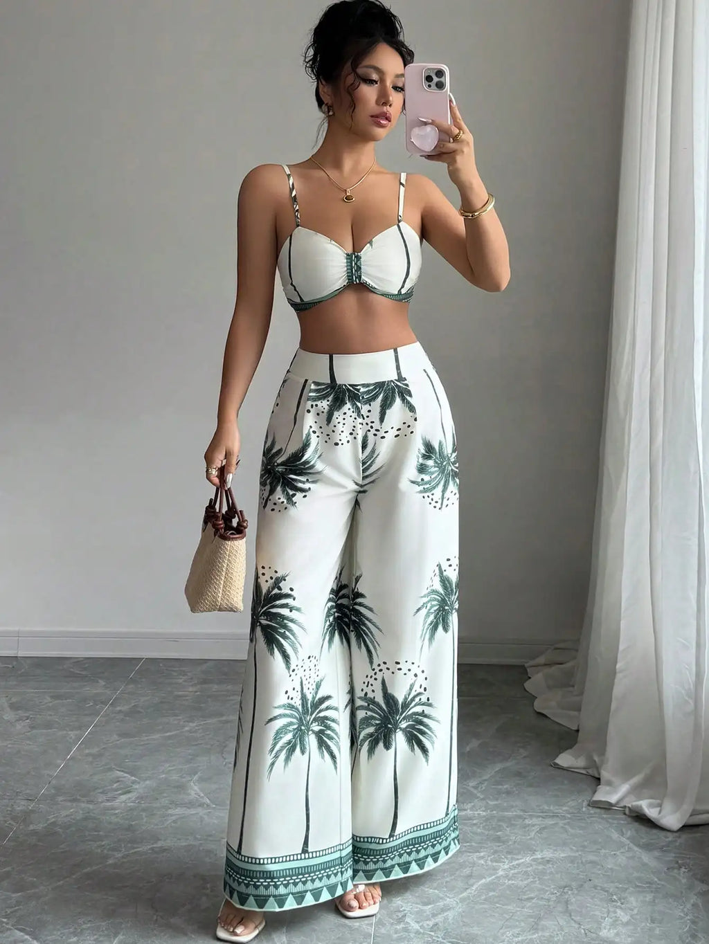Women's Tropical Palm Print Two Piece Set