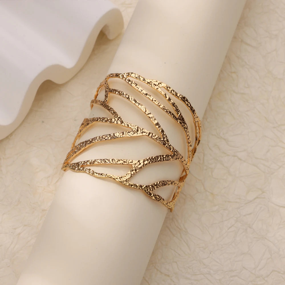 Stainless Steel Wide Bangles for Women Gold Color Flower Leaf Hollow Out Cuff Bangle Bracelet Femme Vintage Wedding Jewelry Gift