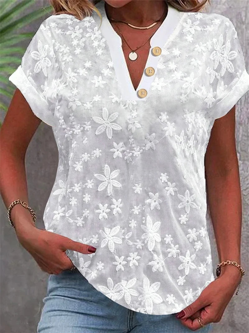 Floral Embroidered short sleeve Casual Blouse