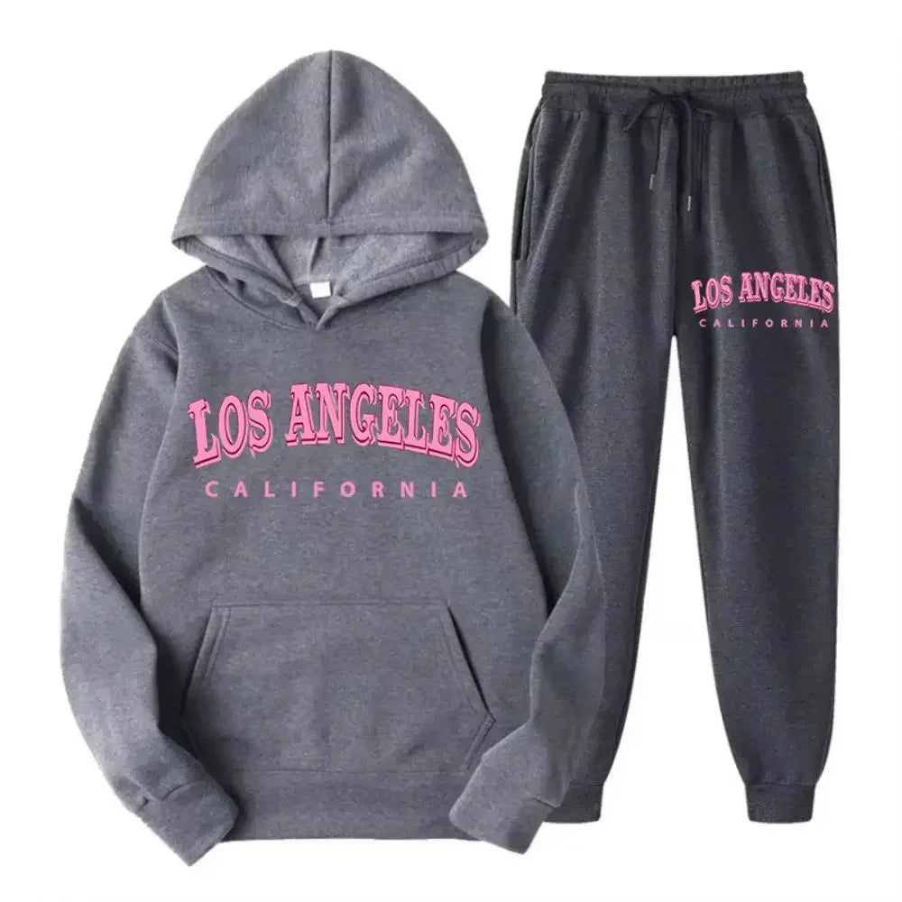 2025 Two-piece set for women, hoodie and fleece pants, loose-fitting pocket sweater, Los Angeles and California print clothing,