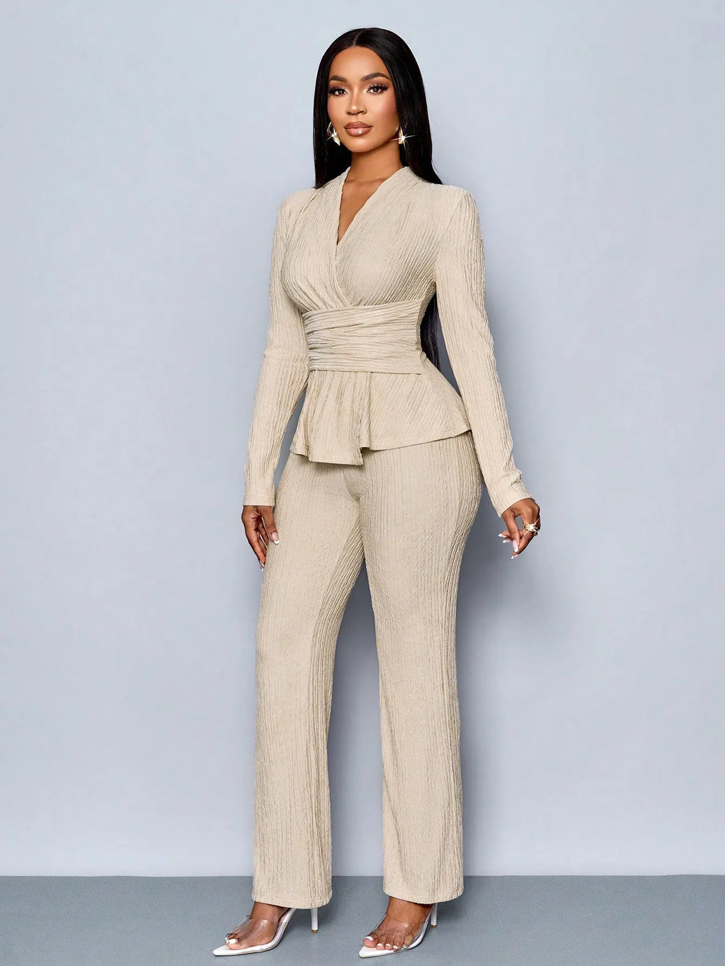 Women's V-neck Peplum Top & Wide Leg Pants Set