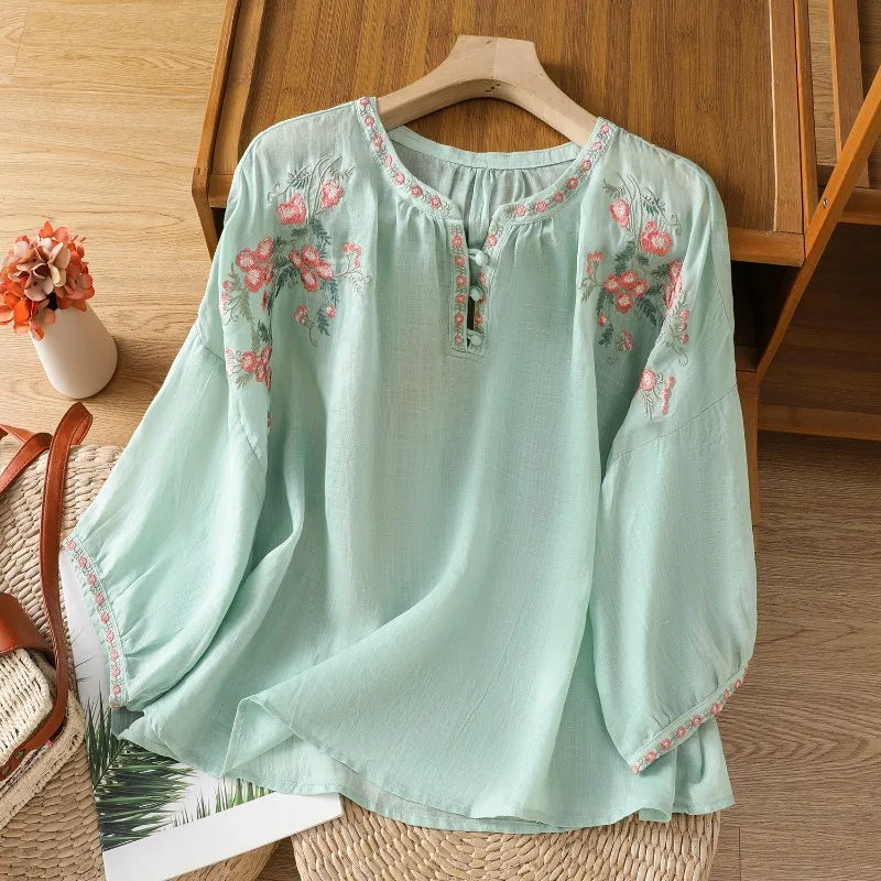 Women's Floral Embroidered cotton Linen Top