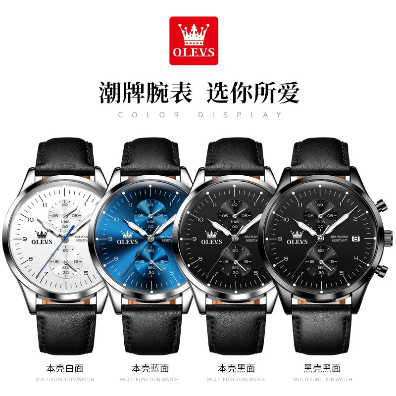 OLEVS casual fashion men's watches Chronograph 30m waterproof Leather strap quartz watch for man luminous genuine wristwatch