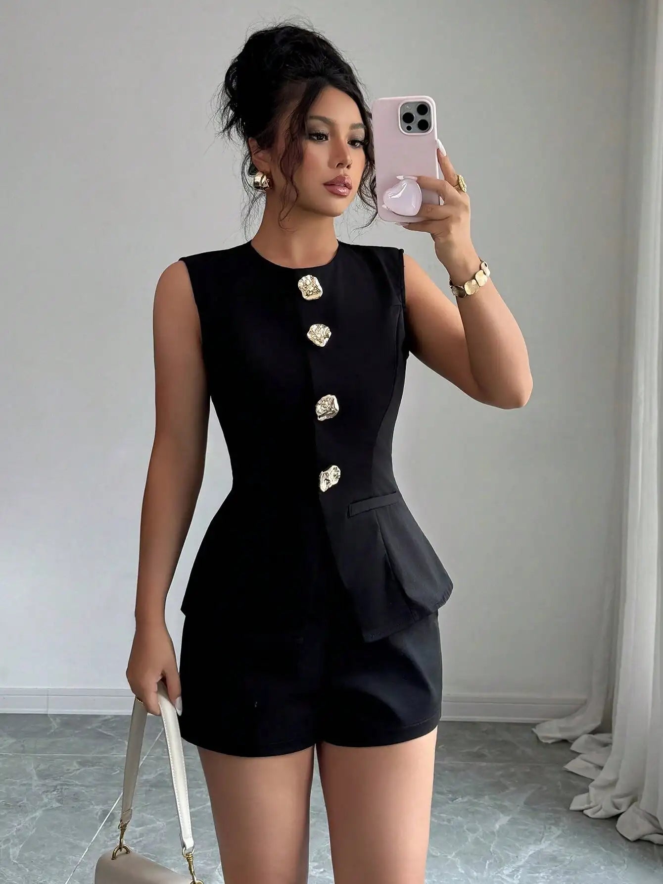 Women's Sleeveless Two-Piece Set with Gold Buttons & Peplum Waist