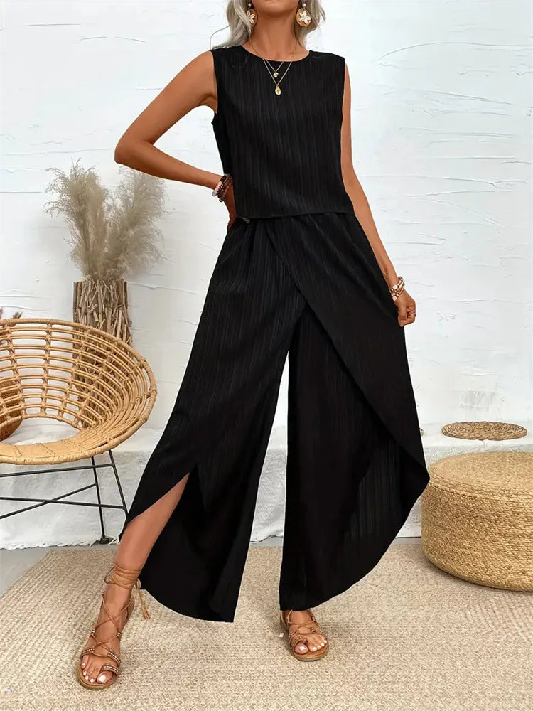Women's Sleeveless Crewneck Top & Wide Leg Pants Set