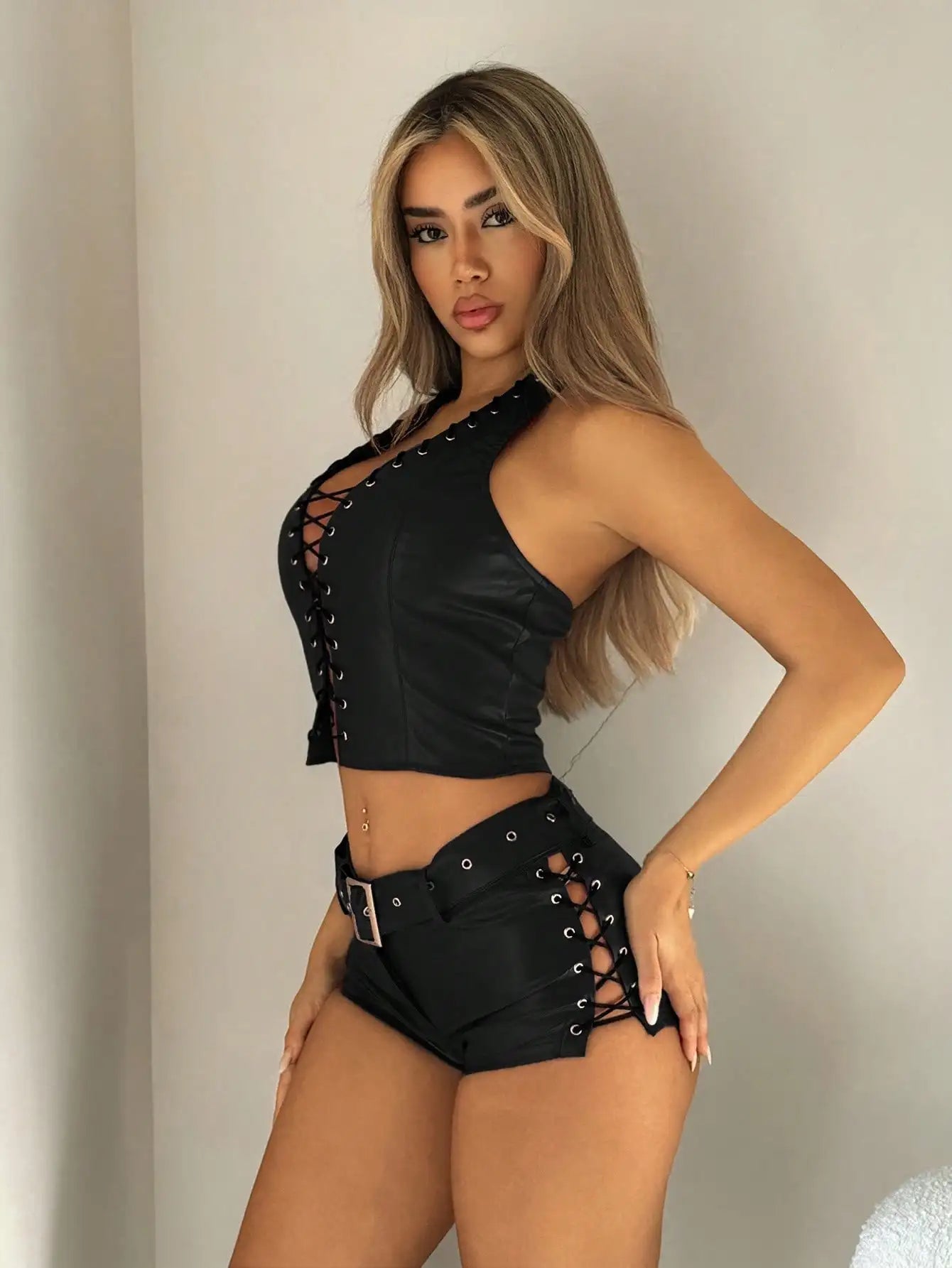 Women's Faux Lace-Up Crop Top & Leather Shorts Set