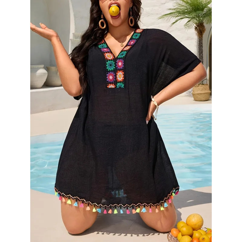 Women's Plus Size Bohemian Crochet Beach Cover-Up Dress