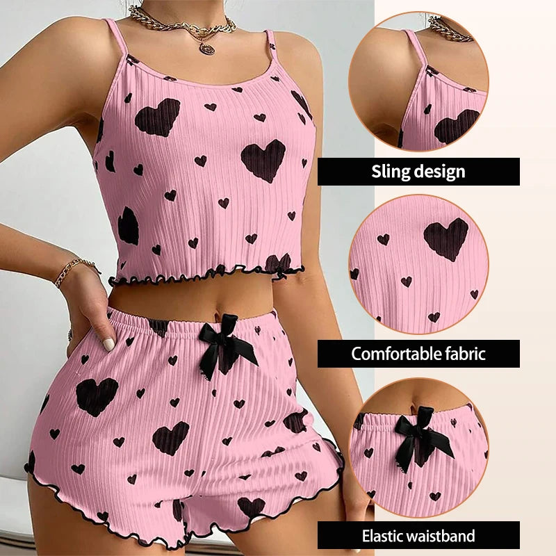 Women's Heart Print Pajama Shorts Set