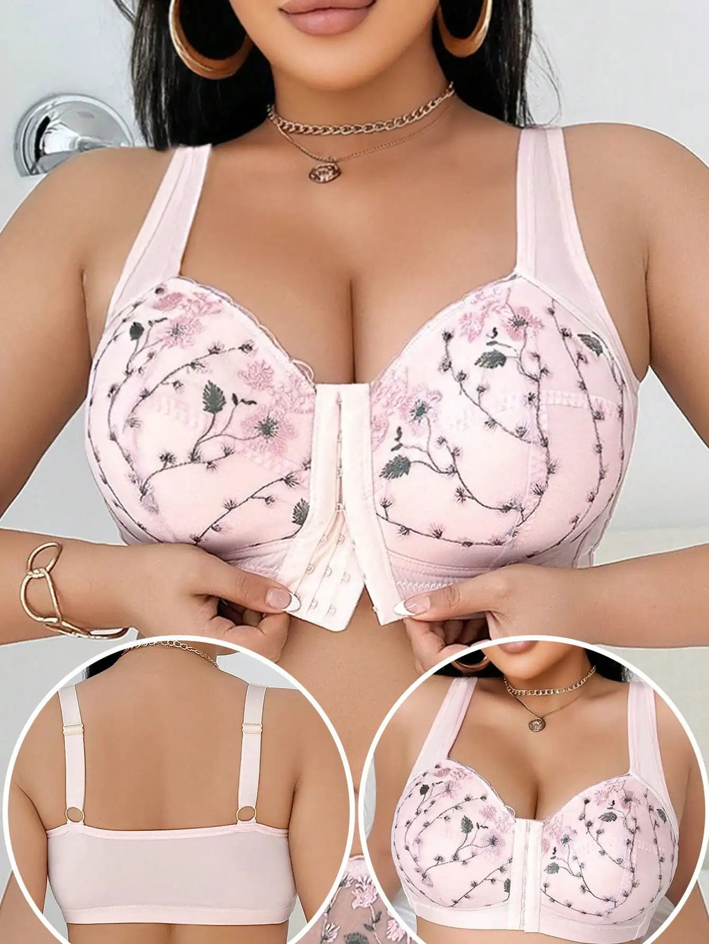 Plus Size Floral Embroidered Front Closure Wireless Bra with Lift Support