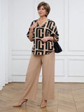 Women's Geometric Print V-Neck Short Sleeve Top & Wide Leg Pants Set for Casual or Office Wear