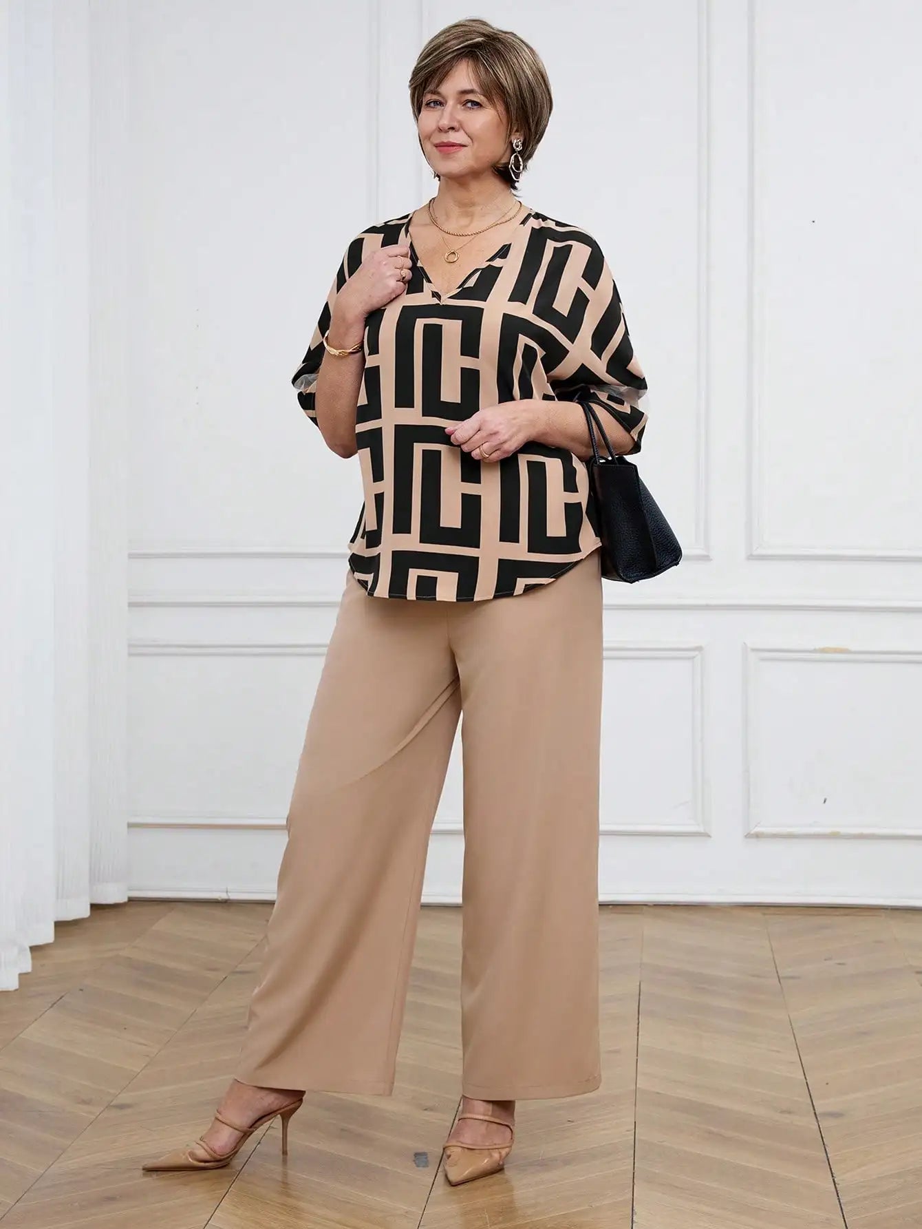 Women's Geometric Print V-Neck Short Sleeve Top & Wide Leg Pants Set for Casual or Office Wear