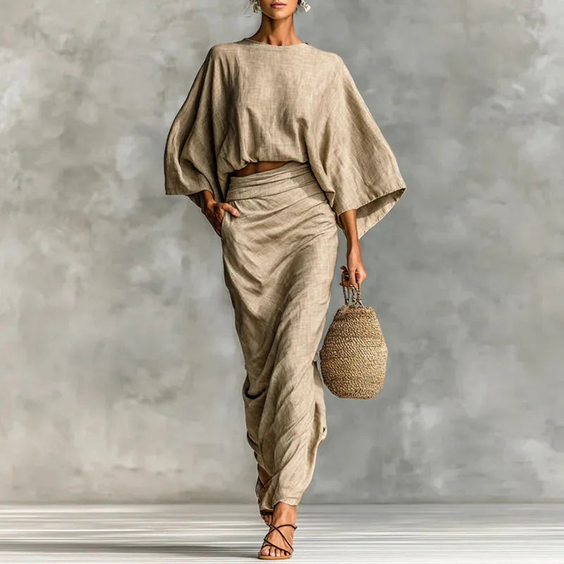 Women’s Linen Skirt Set – Batwing Sleeve Top & Pleated Maxi Skirt