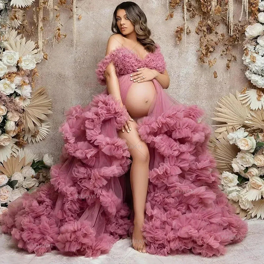 Maternity Dresses Customized Photoshoot Tiered Ruffles Pregnant Women Gowns Baby Shower Off Shoulder Front Slit Bridal Sleepwear