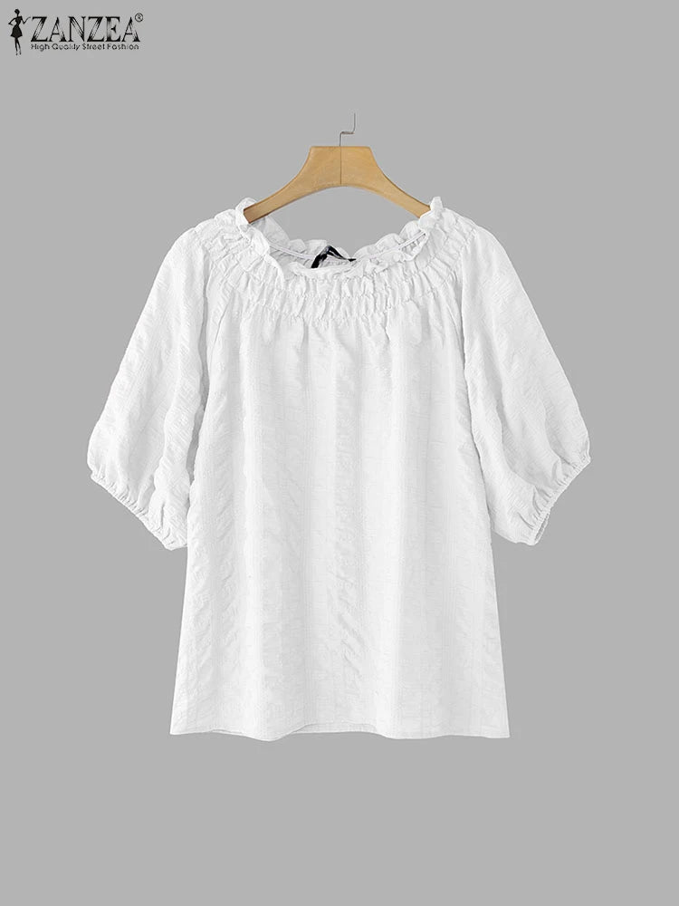 Women's Puff Sleeve Casual O-Neck Summer Blouse