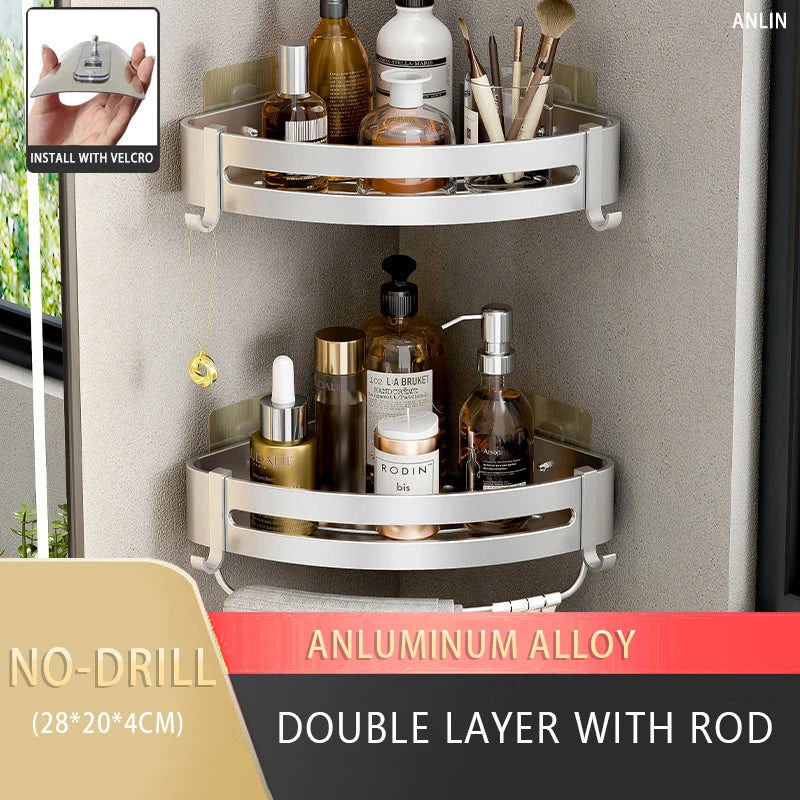 Rust-free Bathroom Corner Shelf Rack – Wall Mounted Non-Drill Shower Storage Organizer