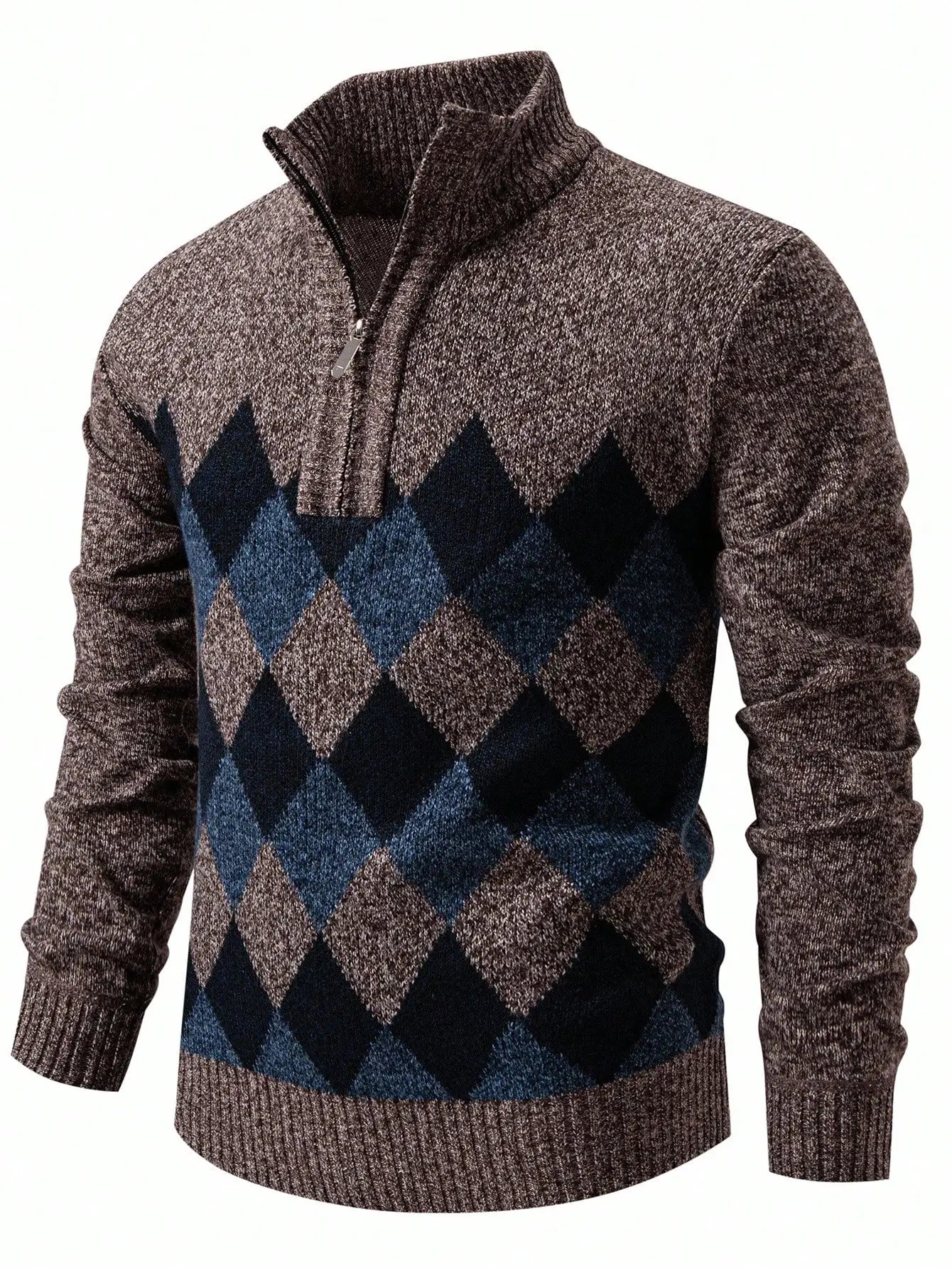 Men's Quarter Zip Sweater with Rhombus Pattern, Casual Long Sleeve Knit for Autumn Winter