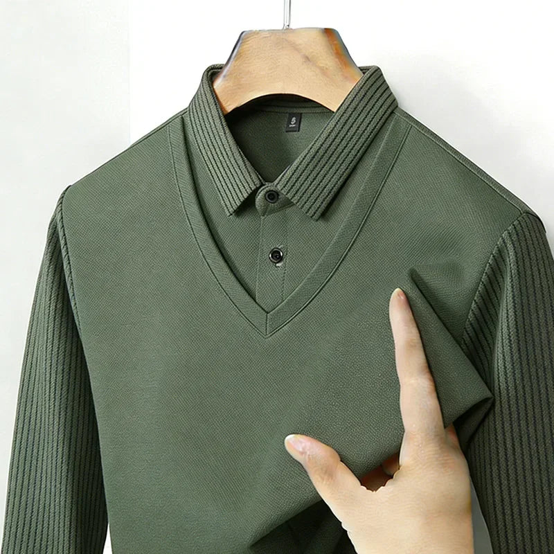 Men's Fake Two Piece Shirt Collar V Neck Long Sleeve Top Khaki Striped Casual Fashion Soft Fabric Daily Wear Blouse