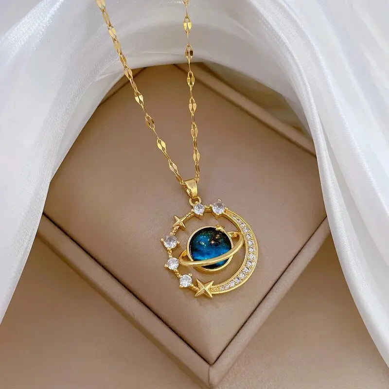 ZAKOL Spaceman Astronaut Star Necklaces For Women Girls Gold Color Planet Moon Pendant Clavicle Chain Choker Jewelry Gifts