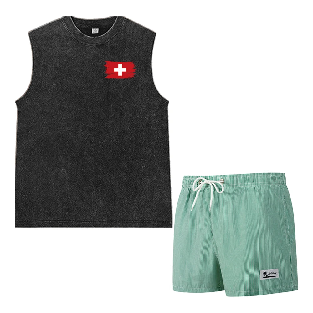 Casual Summer Men's 2 Piece Outfit: Vintage Washed Sleeveless Tee & Pinstripe Quick Dry Swim Shorts Set with Flag Graphic Print