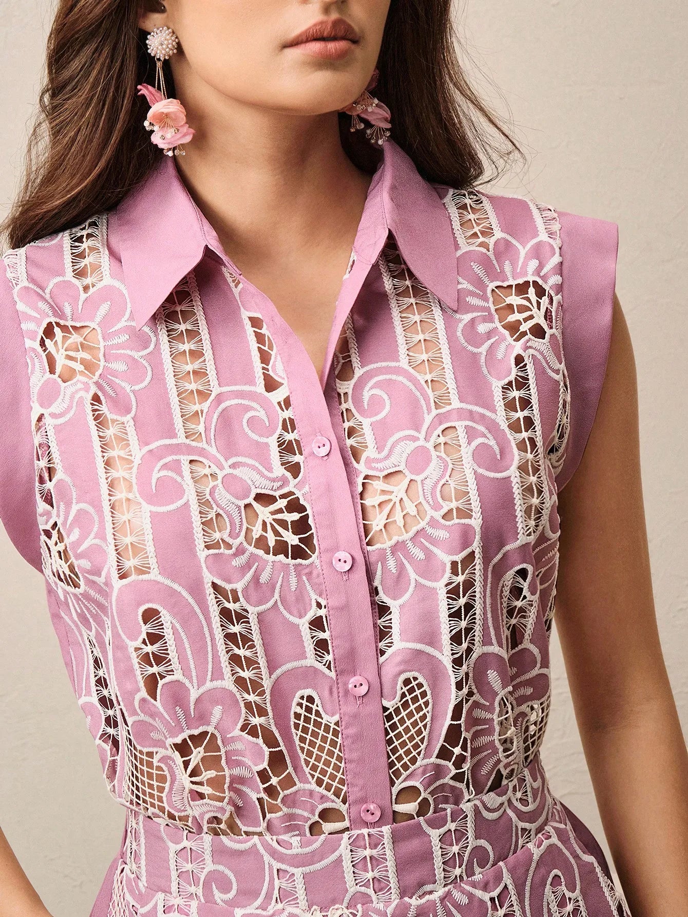 Anewsta Women's Luxury Vintage Embroidered Lace Blouse And Shorts Set