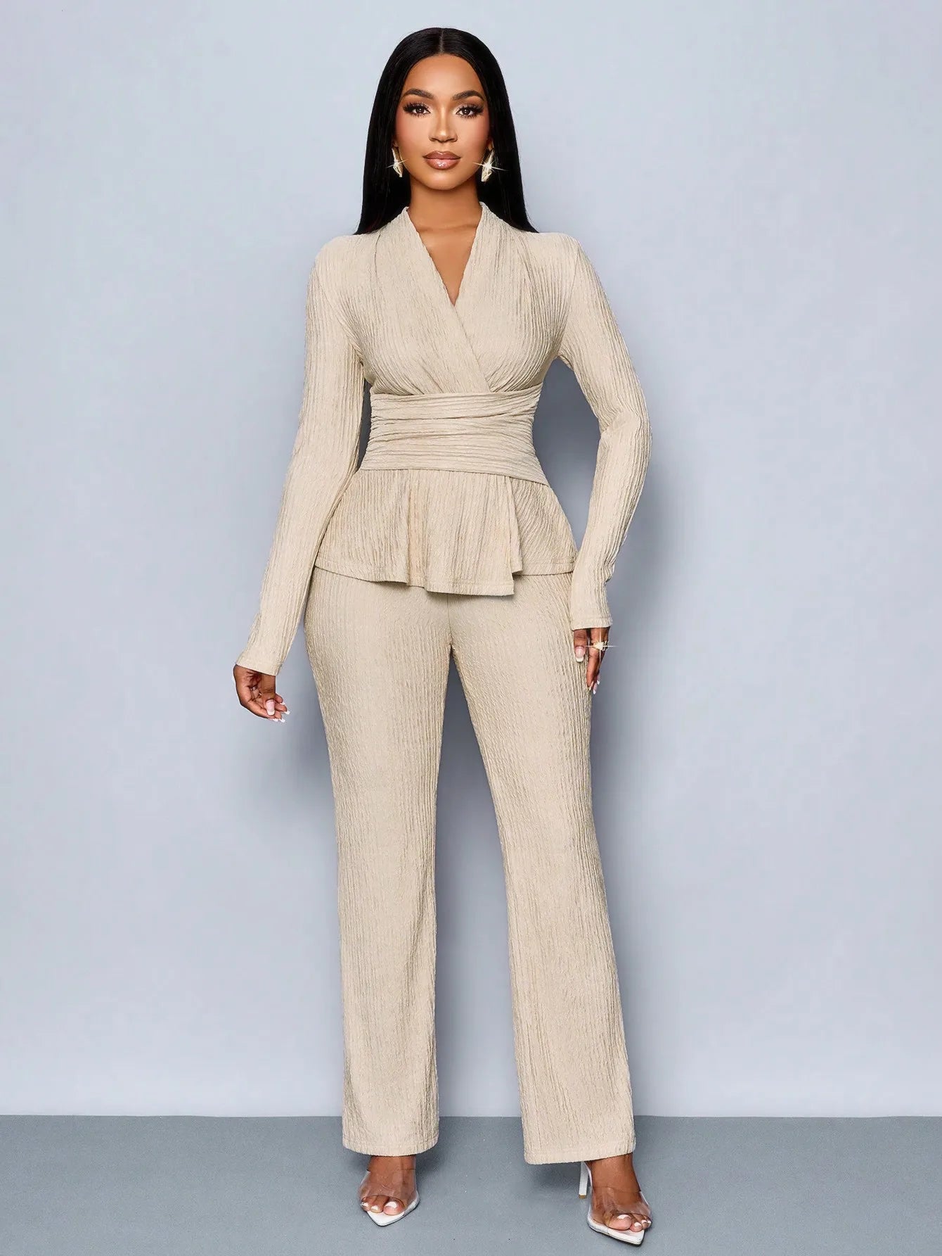 Women's V-neck Peplum Top & Wide Leg Pants Set