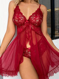 Red Lace Deep V Bra and Sheer Robe Set with Bow Detail for Bedroom or Party