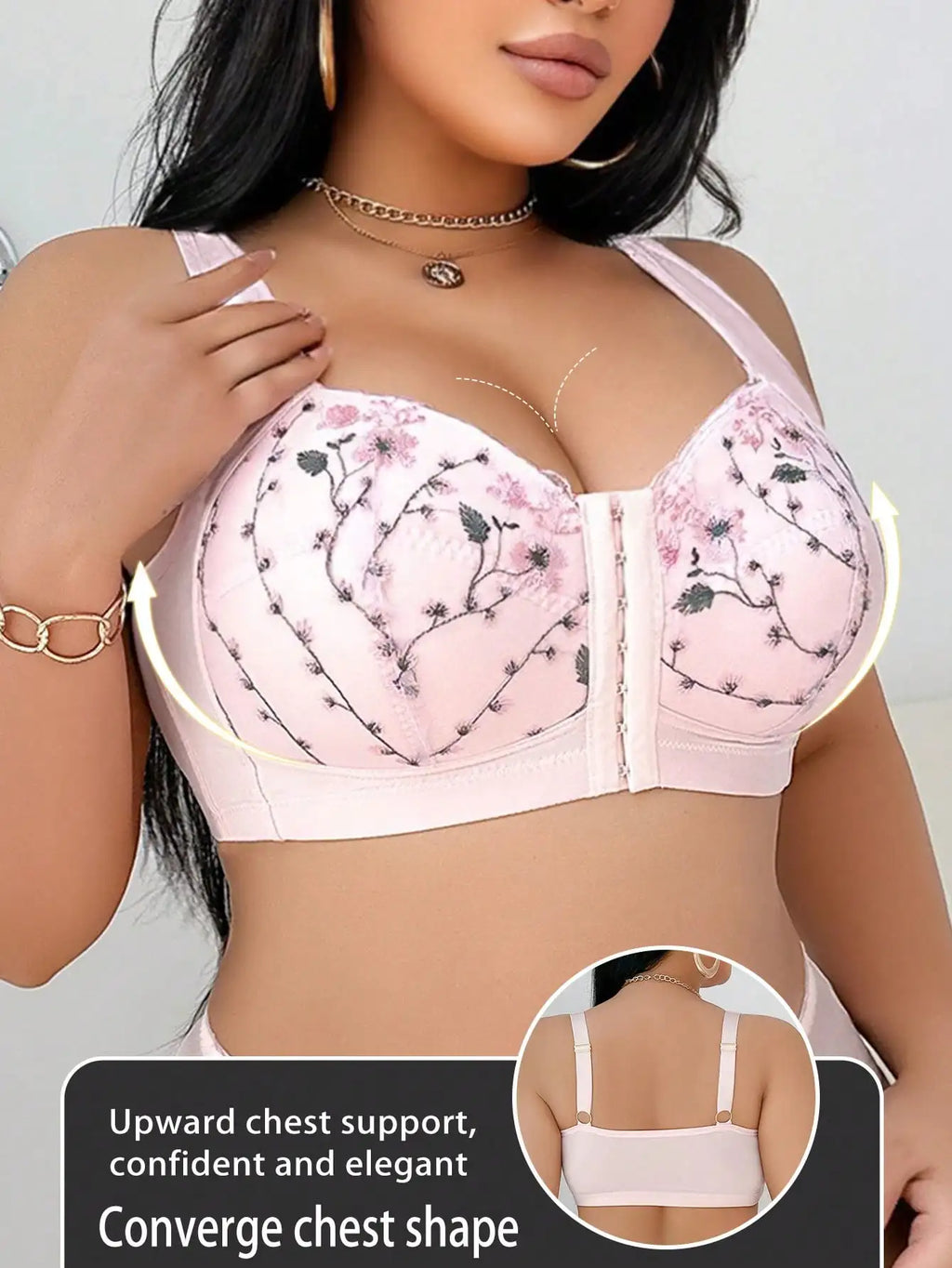 Plus Size Floral Embroidered Front Closure Wireless Bra with Lift Support