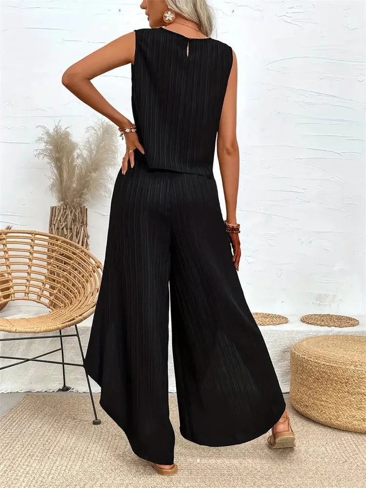 Women's Sleeveless Crewneck Top & Wide Leg Pants Set