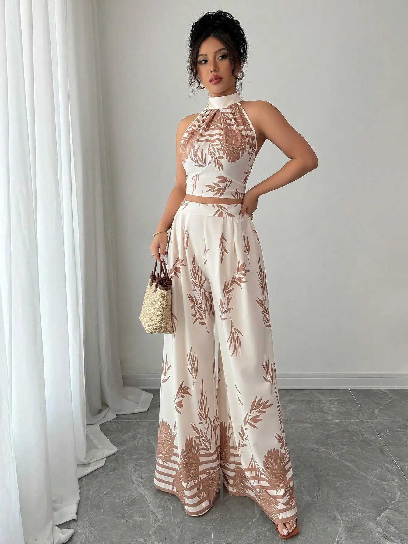 Women's Tropical Print Halter Neck Top with Wide Leg Pants Set