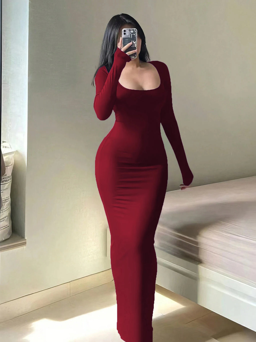 Women's Long Sleeve Scoop Neck Bodycon Maxi Dress