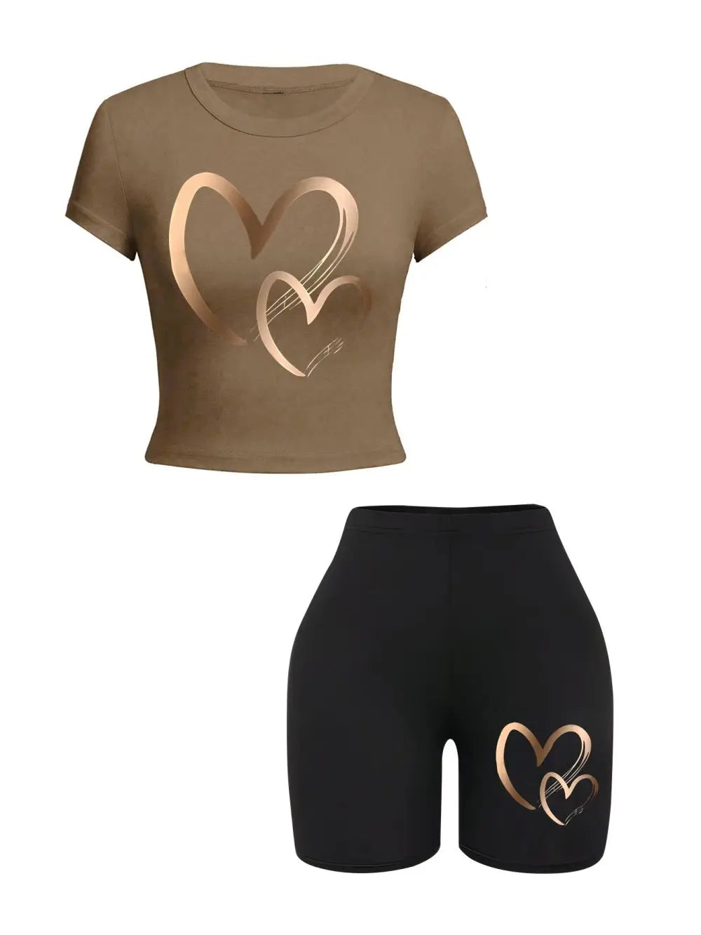 Women’s Heart Print 2-Piece Activewear Set – Slim Fit Crop Top & Soft Shorts