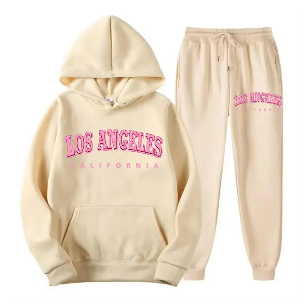 2025 Two-piece set for women, hoodie and fleece pants, loose-fitting pocket sweater, Los Angeles and California print clothing,