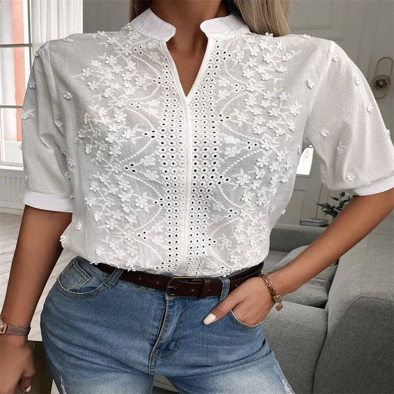 Elegant Vintage Embroidered Cotton Button-Up Top