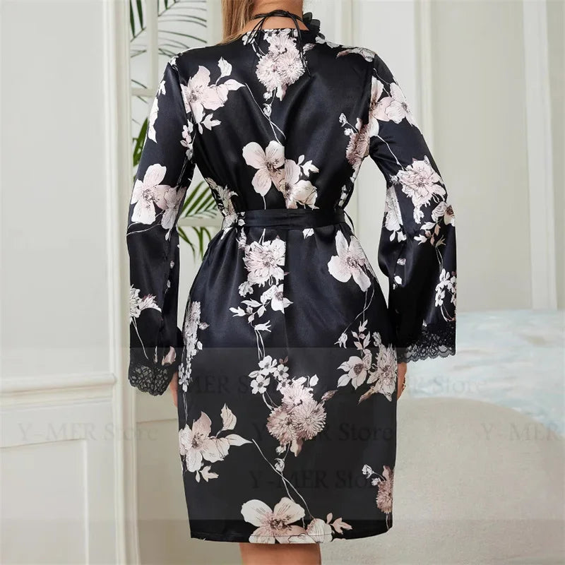 Women's Satin Floral Sleepwear Kimono Robe