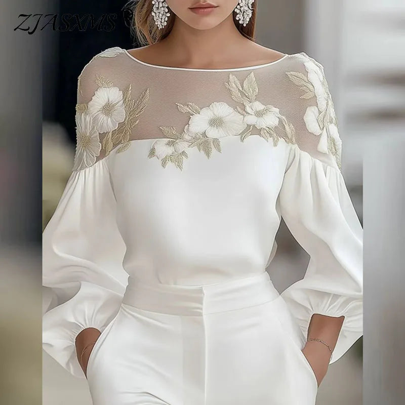 Spring Sexy Crew Neck Woman Blouse Elegant Floral Print Splicing Mesh Hollow Top Pullover Fall Long Sleeve Shirt Female Clothing